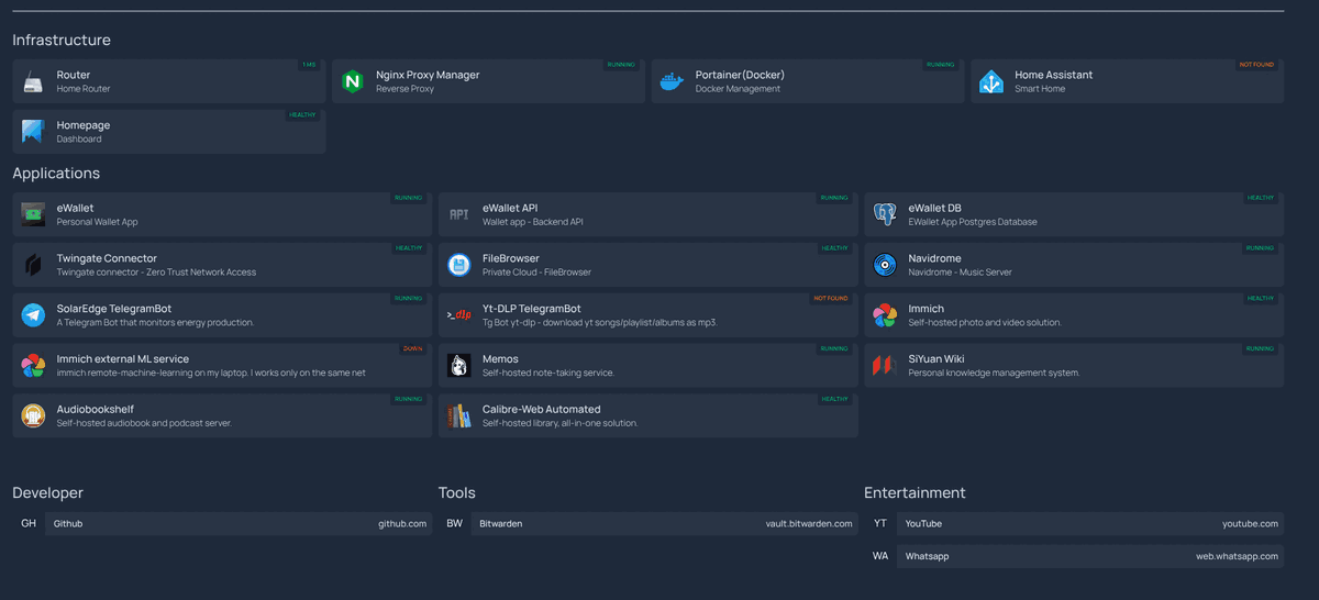 The homelab dashboard: infrastructure and application tiles, each with a health status
